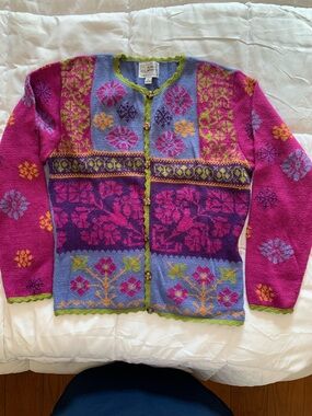 Floral Patterned Cardigan Sweater - Multicolor Women’s L